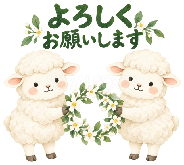 仲間と花の輪で歓迎を描いた、かわいい羊の無料イラスト素材です