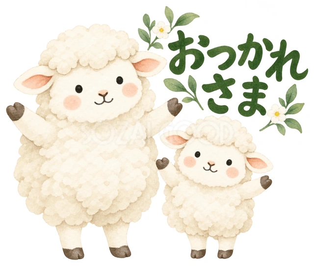 親子で両前足を広げるを描いた、かわいい羊の無料イラスト素材です