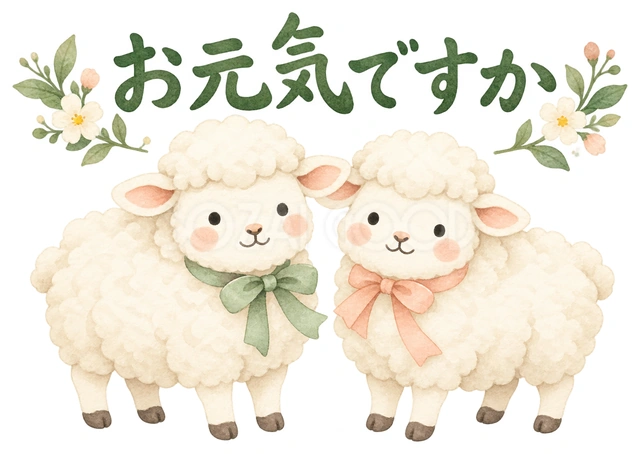 ふたりで横並びのごあいさつを描いた、かわいい羊の無料イラスト素材です