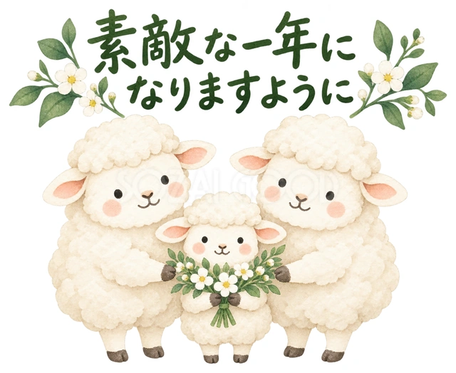 家族三匹で花束を届けるを描いた、かわいい羊の無料イラスト素材です
