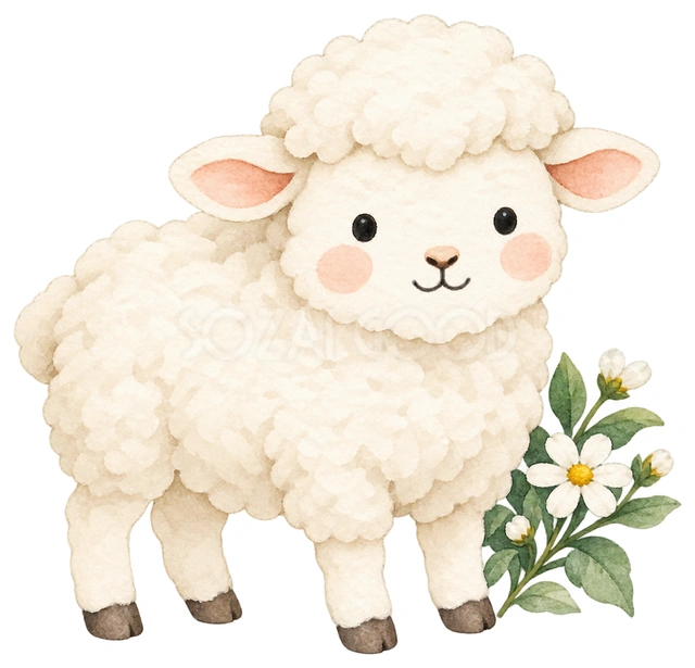 白いデイジーと立つ羊を描いた、かわいい羊の無料イラスト素材です