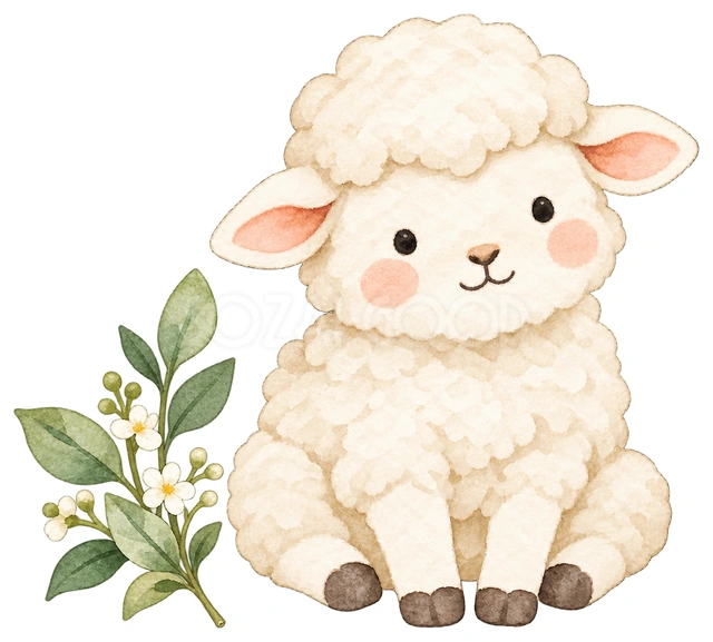 若草の枝とおすわり羊を描いた、かわいい羊の無料イラスト素材です