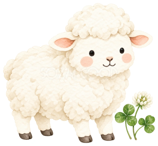 クローバーと小さな羊を描いた、かわいい羊の無料イラスト素材です