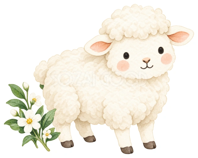 白い小花とふり返る羊を描いた、かわいい羊の無料イラスト素材です