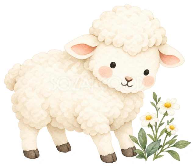 カモミールを見つめる羊を描いた、かわいい羊の無料イラスト素材です