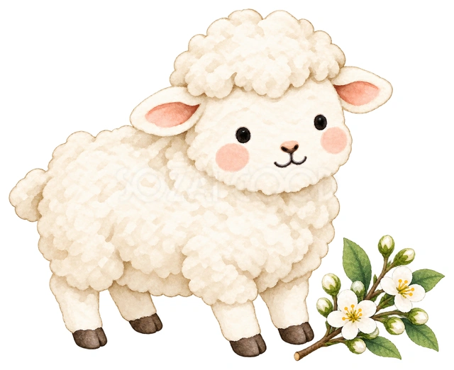 白梅の小枝と羊を描いた、かわいい羊の無料イラスト素材です