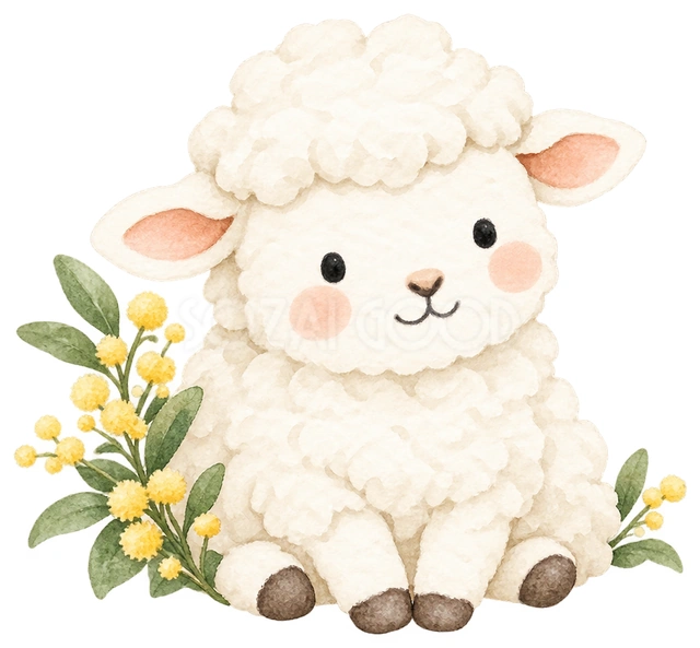 小さなミモザと羊を描いた、かわいい羊の無料イラスト素材です