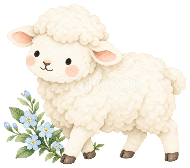 淡い青い小花と羊を描いた、かわいい羊の無料イラスト素材です