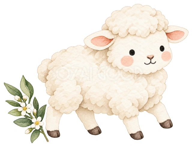 白い花枝と歩く羊を描いた、かわいい羊の無料イラスト素材です