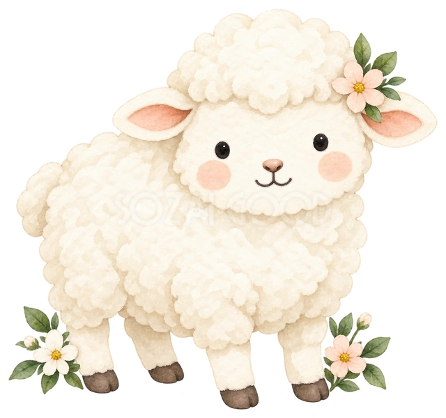桃色の小花と正面の羊を描いた、かわいい羊の無料イラスト素材です