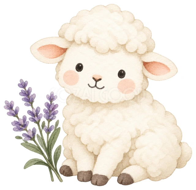 ラベンダーとおすわり羊を描いた、かわいい羊の無料イラスト素材です