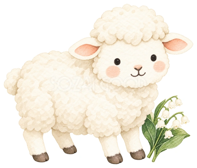 白いすずらんと羊を描いた、かわいい羊の無料イラスト素材です
