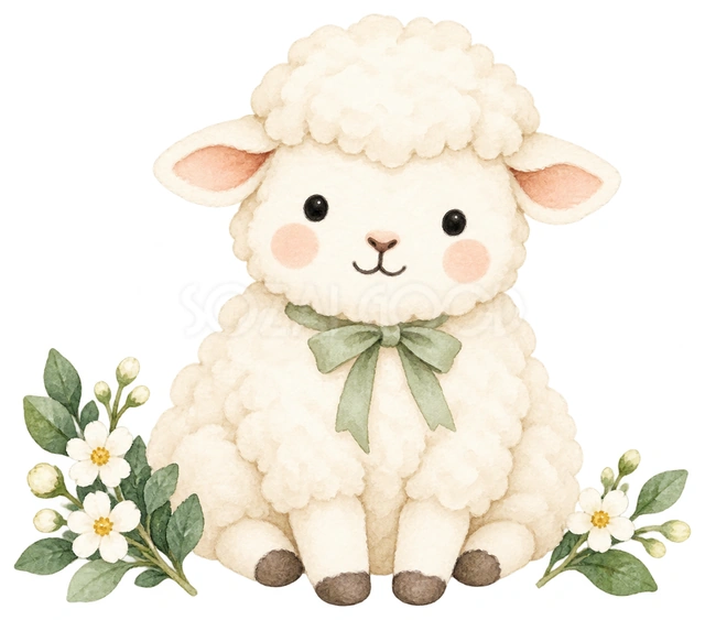正面を向くおすわり羊を描いた、かわいい羊の無料イラスト素材です