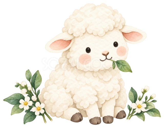 小さな葉をくわえる羊を描いた、かわいい羊の無料イラスト素材です