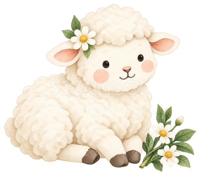 白い花を耳に飾る羊を描いた、かわいい羊の無料イラスト素材です