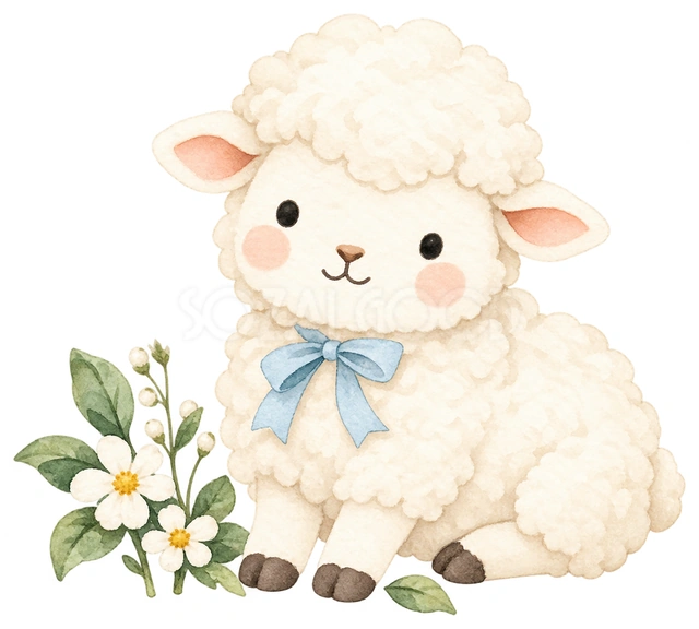 水色リボンのおすわり羊を描いた、かわいい羊の無料イラスト素材です