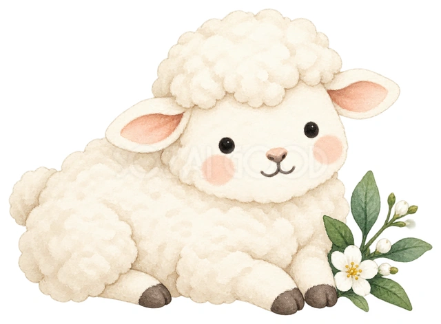 花に寄り添う丸い羊を描いた、かわいい羊の無料イラスト素材です