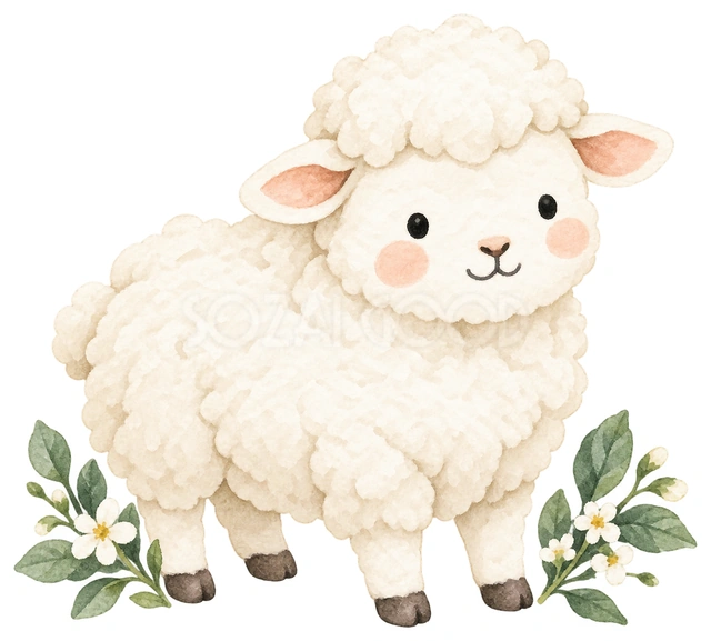 若葉を添えた立ち姿の羊を描いた、かわいい羊の無料イラスト素材です