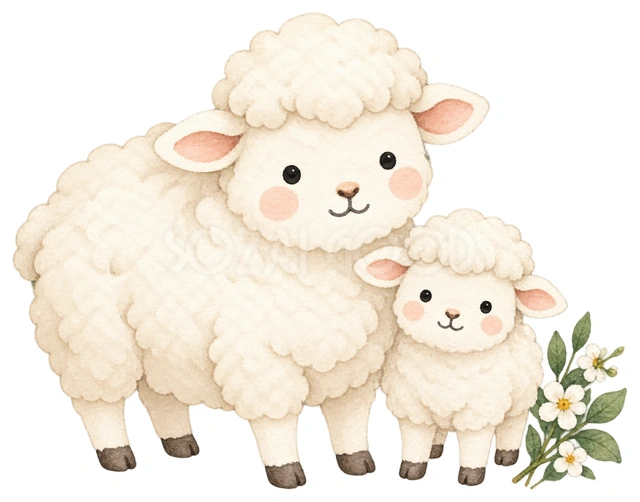 親子で白い花に寄り添うを描いた、かわいい羊の無料イラスト素材です