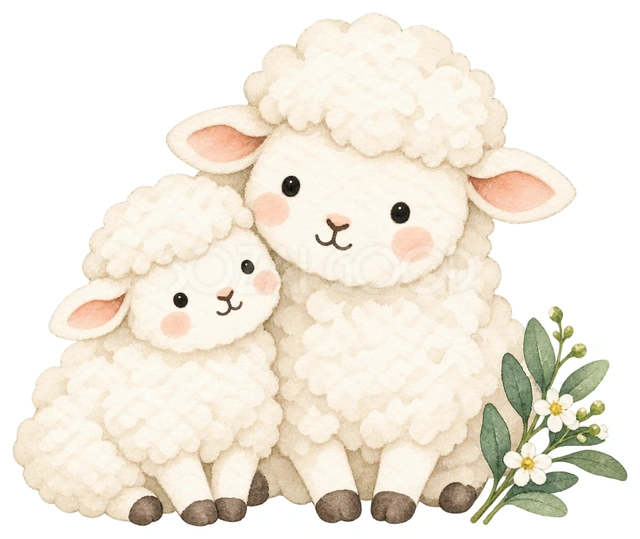 おすわり親子と若葉を描いた、かわいい羊の無料イラスト素材です