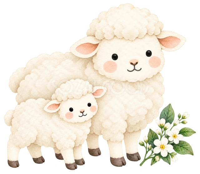 ふり返る親子の羊を描いた、かわいい羊の無料イラスト素材です