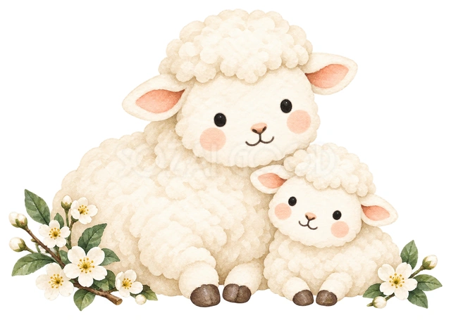 白梅の枝と親子羊を描いた、かわいい羊の無料イラスト素材です