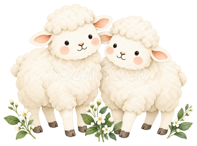 ふたりの羊と小花を描いた、かわいい羊の無料イラスト素材です