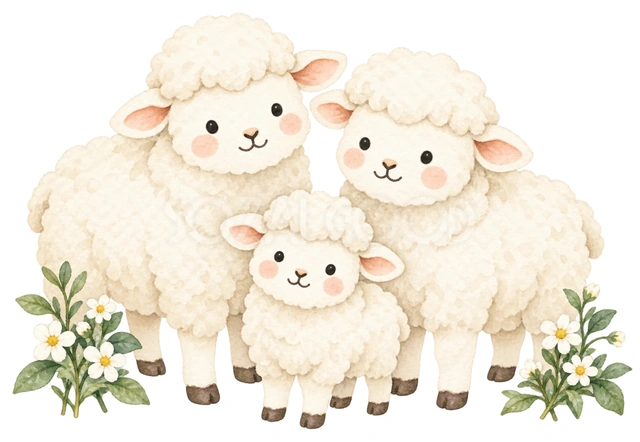 三匹の家族と白い花を描いた、かわいい羊の無料イラスト素材です