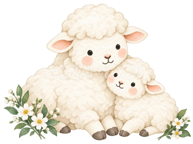 肩を寄せる親子羊を描いた、かわいい羊の無料イラスト素材です