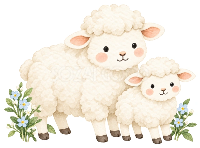 横に並ぶ親子と青い花を描いた、かわいい羊の無料イラスト素材です
