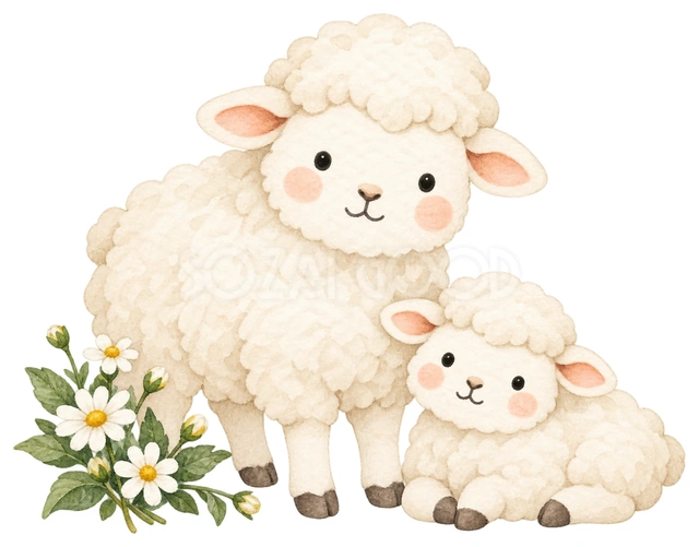 親子羊とカモミールを描いた、かわいい羊の無料イラスト素材です