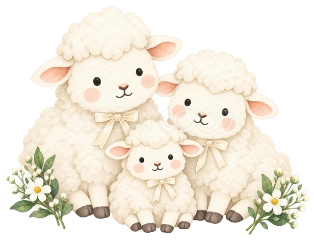 家族三匹の小さな添え飾りを描いた、かわいい羊の無料イラスト素材です