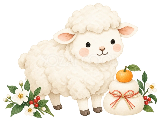 小さな鏡餅と羊を描いた、かわいい羊の無料イラスト素材です