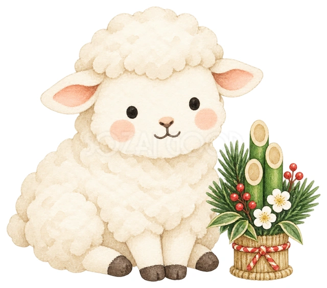小さな門松と羊を描いた、かわいい羊の無料イラスト素材です