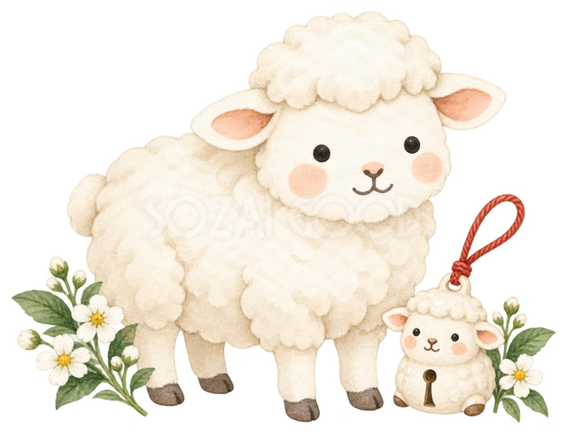 小さな土鈴と羊を描いた、かわいい羊の無料イラスト素材です