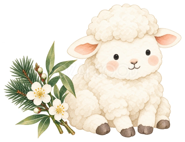 松竹梅の小枝と羊を描いた、かわいい羊の無料イラスト素材です