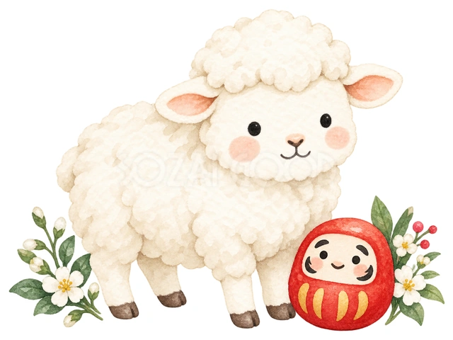 赤いだるまと羊を描いた、かわいい羊の無料イラスト素材です