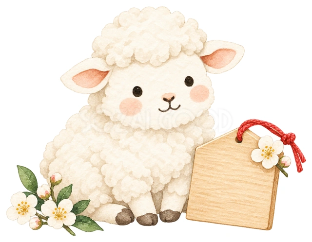 小さな絵馬と羊を描いた、かわいい羊の無料イラスト素材です