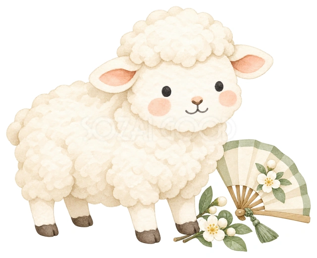 小さな扇と羊を描いた、かわいい羊の無料イラスト素材です