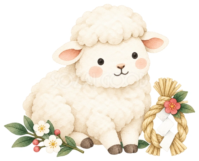 しめ縄と小さな羊を描いた、かわいい羊の無料イラスト素材です