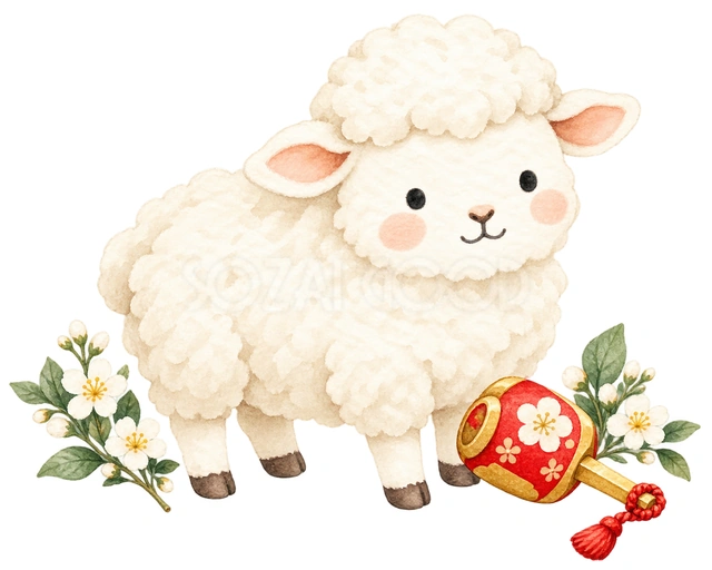 小さな小槌と羊を描いた、かわいい羊の無料イラスト素材です