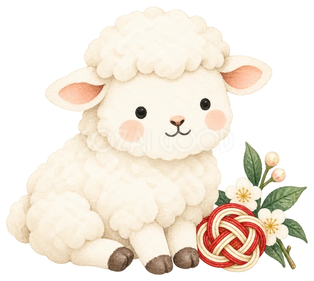 水引の結びと羊を描いた、かわいい羊の無料イラスト素材です