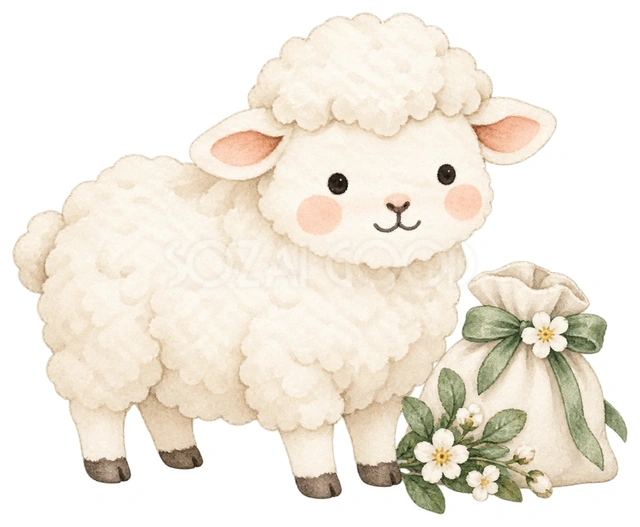 小さな巾着と羊を描いた、かわいい羊の無料イラスト素材です