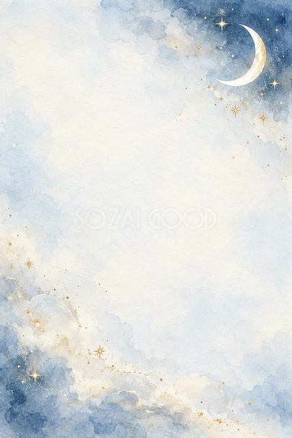 白い三日月と金の星くずの縦長背景です