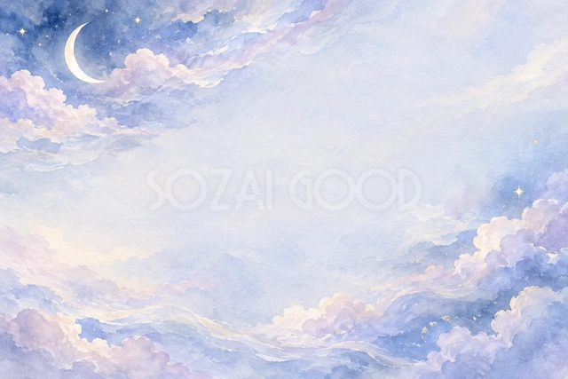 雲の波と細い月の横長背景です