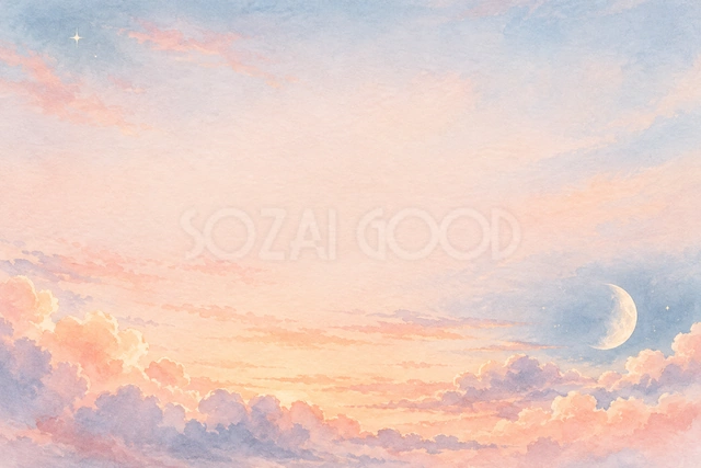 杏色の雲と白い月の横長背景です
