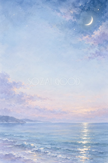 青い海と細い月の縦長背景です