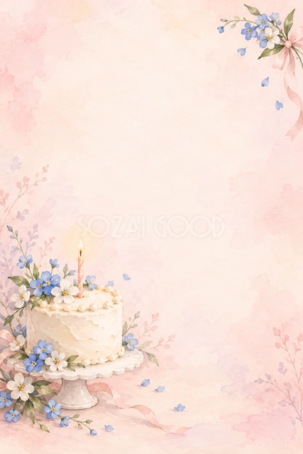 青い小花と白いケーキの縦長背景です
