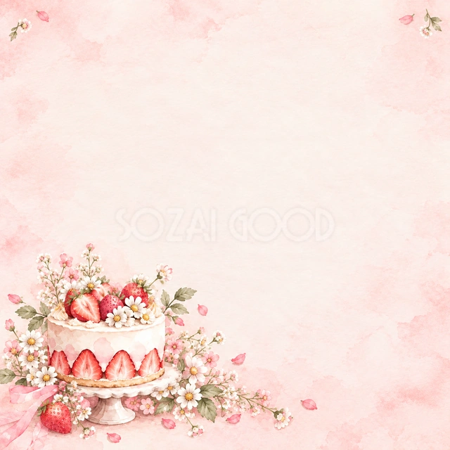 いちごのケーキと小花の正方形背景です