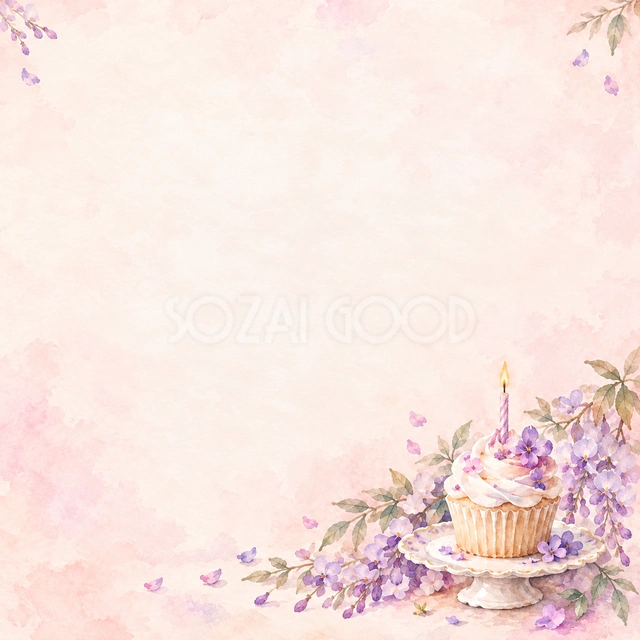 藤色の花と小さなケーキの正方形背景です